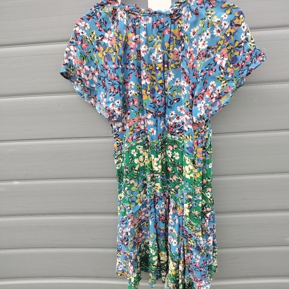 Anthropologie Robin Tiered Mini Dress Blue Green Floral XS - Picture 4 of 9